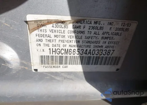 2004 Honda Accord 3.0 Ex from USA, damaged, VIN 1HGCM66534A033387